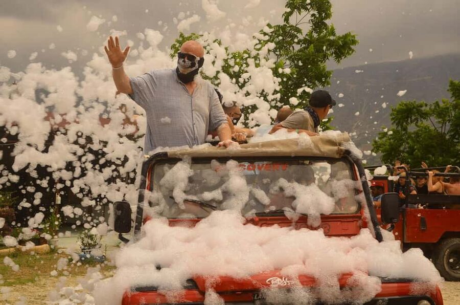Jeep Safari-Lunch-Boat-Canyon-Waterfall-Foam,Water Party - Leaving Side and meeting the jeep convoy